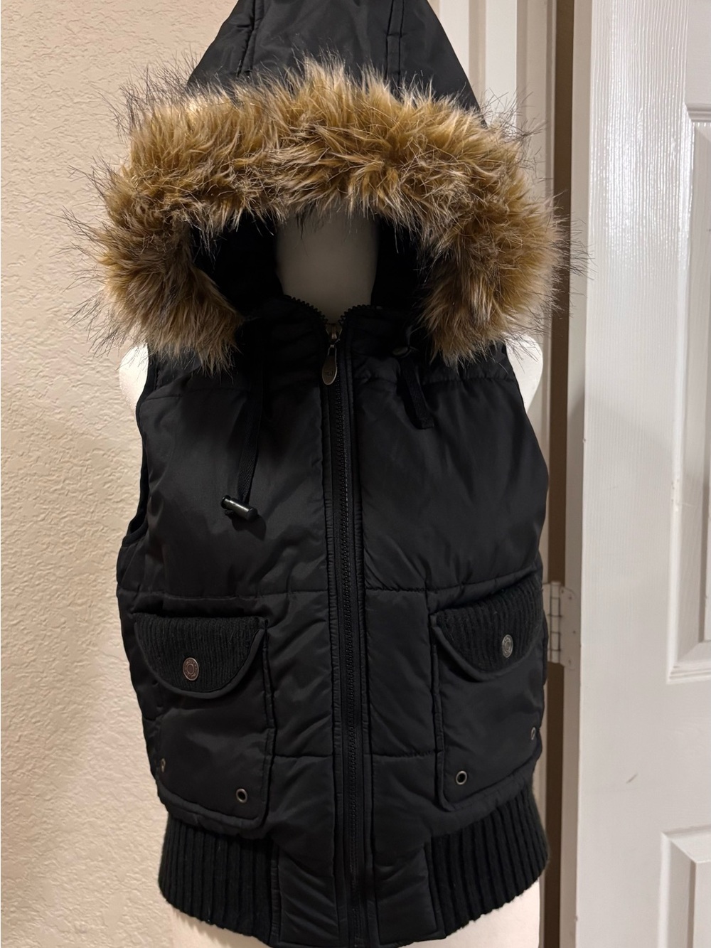 Me Jane Black Puffer Vest with Faux Fur Trim